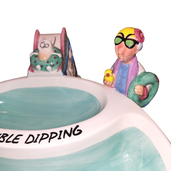 RARE Maxine by J. Wagner "No Double Dipping" Large Pool Themed Chip & Dip Bowl - Picture 4 of 12